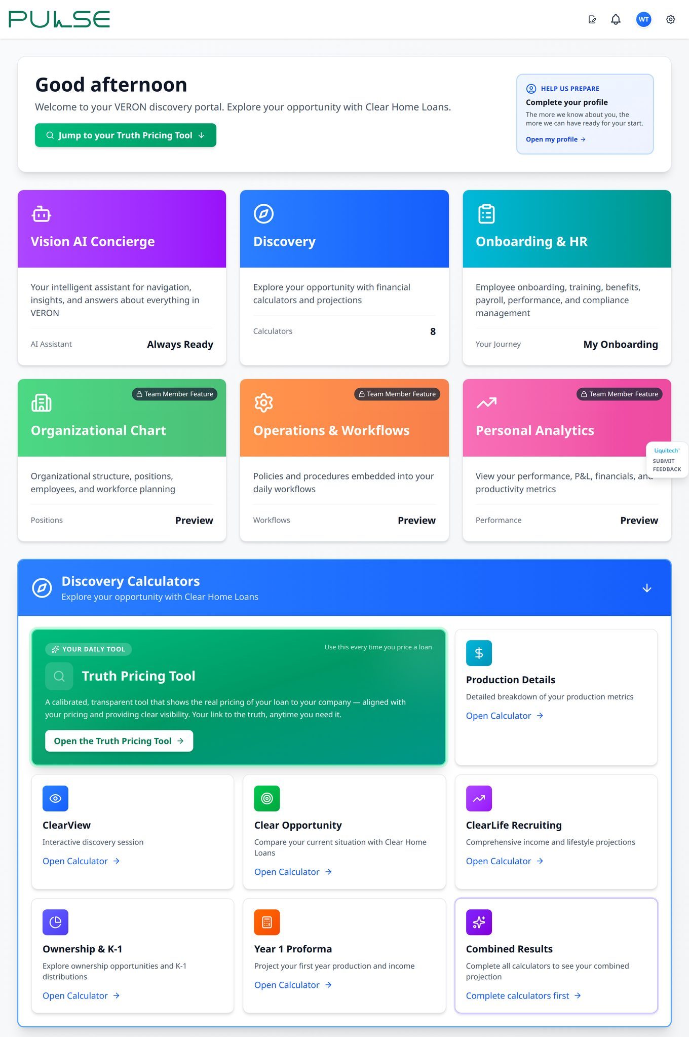 The Pulse discovery portal a CLEAR recruit signs into: pricing tools, discovery calculators and dashboards
